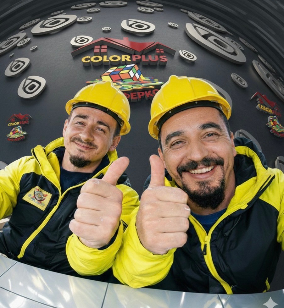 Two smiling men in yellow helmets give thumbs-up in front of a colorful “COLORPLUS” logo backdrop.